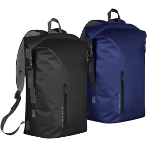 A waterproof backpack in black and navy, featuring adjustable straps and a branded logo on the front.