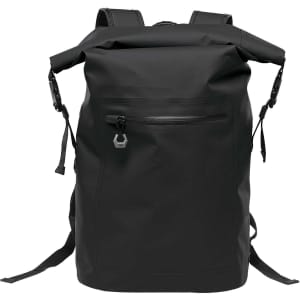 A black backpack with a roll-top design, featuring adjustable straps and a front pocket with a zipper.