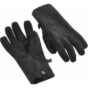 A pair of black softshell gloves featuring textured grips and a logo on one glove.
