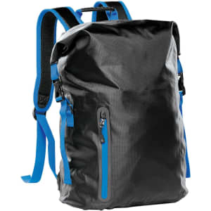 A black backpack with blue straps and a zippered pocket, featuring a sleek, modern design and logo.