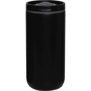 A drink bottle featuring a black vacuum tumbler design with a lid and a logo.