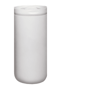 A drink bottle in white, featuring a sleek design with a lid and a logo.