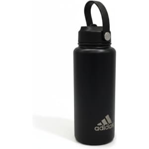 A drink bottle in matte black with a carry handle and a logo on the front.