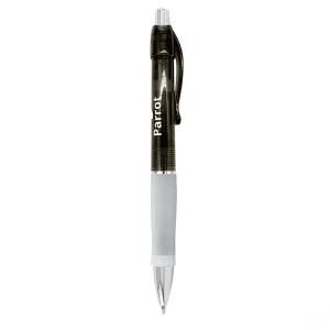 A plastic pen with a black body, white grip, and a clear click mechanism. It features a logo.