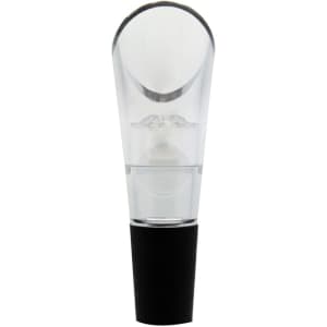 A clear aerator with a black base for enhancing wine's flavour, featuring a sleek design and branding.