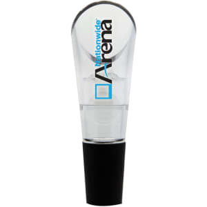 A clear wine aerator with a black base, featuring a logo on the side.