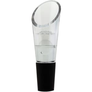 A clear wine aerator with a black base for enhancing the flavour of wine. It features a curved top for pouring.