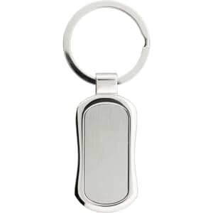 A shiny silver keychain with a smooth, rounded rectangular body and a metal ring for attaching keys.