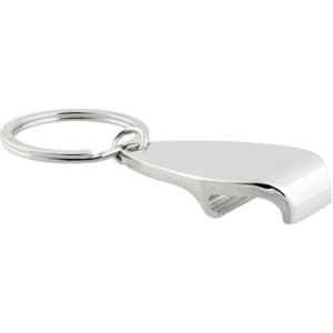 A silver keychain bottle opener with a smooth, sleek design and a circular keyring attachment.