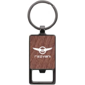 A rectangle keychain featuring a wooden texture and a circular metal ring, with a logo displayed on the front.