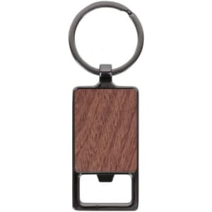 A rectangular keychain featuring a wooden design and a metal ring for attachment.