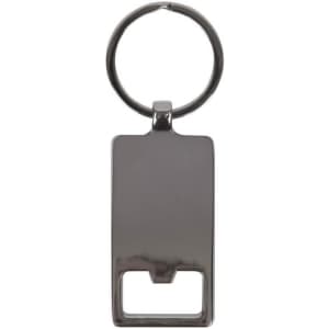 A rectangular silver keychain with a circular keyring attachment. It features a smooth, reflective surface.