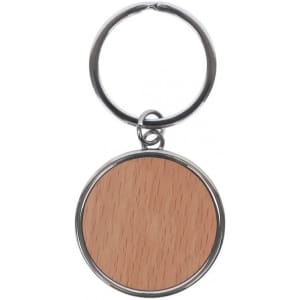 A round keychain with a silver metal finish and a wooden texture centre. It has a keyring attachment.