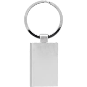 A silver keychain with a rectangular tag and a circular keyring. It features a smooth, shiny surface.