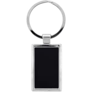 A rectangular silver keychain with a shiny finish and a blank black surface for personalisation.