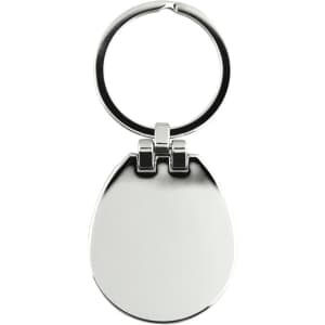 A silver keychain with a smooth, oval shape and a circular attachment ring. It features a logo.
