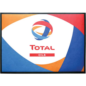A promotional mat featuring a vibrant design in blue, orange, and white, with a logo and branding elements.