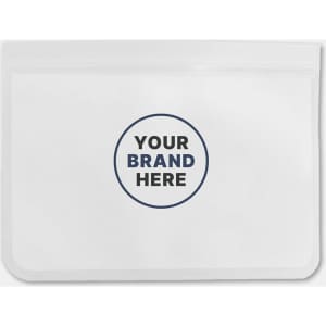 A transparent, white PEVA reusable food storage bag with a circular logo area.