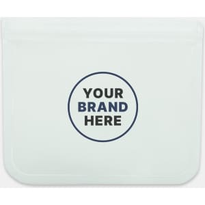 A clear PEVA reusable food storage bag with a round logo space. Dimensions are 21.5 cm x 18 cm.