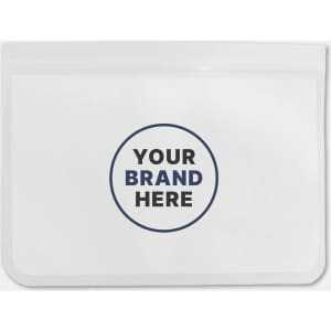A white PEVA reusable food storage bag, featuring a circular logo placeholder in the centre.