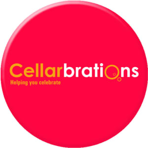 A red 100mm button badge featuring a circular shape and a logo.