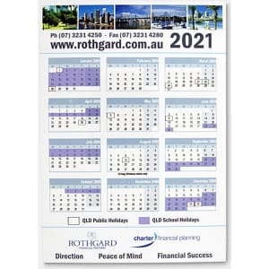 A magnetic calendar featuring a city skyline, with months from January to December in purple and white. Includes a logo.