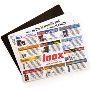 A counter mat featuring a variety of products, predominantly in white and colourful graphics, with a black backing.
