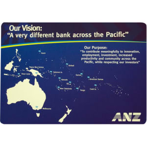 A counter mat featuring a map of the Pacific region with blue and white colours, and a logo in one corner.