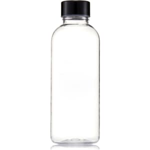 A drink bottle made of clear Tritan with a black screw-top lid. It has a minimalist design and is 600ml in capacity.