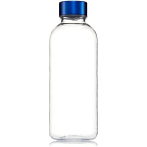 A drink bottle made from clear Tritan, featuring a blue screw-top lid and a simple design with a logo.