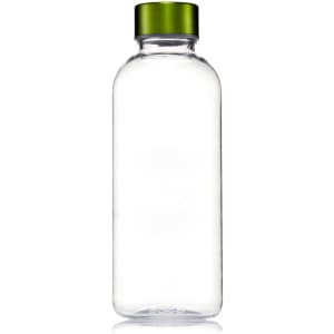 A drink bottle made of clear Tritan material with a green lid. It features a branding logo on the side.