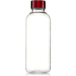 A drink bottle featuring a clear body and a red lid, complete with an integrated logo.