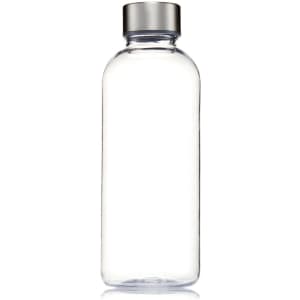 A drink bottle with a transparent body and silver screw cap, featuring a logo at the top.