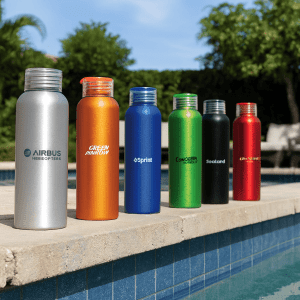 A drink bottle display featuring six aluminium water bottles in silver, orange, blue, green, black, and red. Each has a logo.