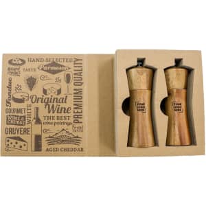 A wooden salt and pepper mill set in a kraft box, featuring a logo and various food-related designs.