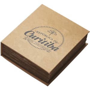 A square menu book with a kraft paper cover, featuring decorative text and ornate design elements.