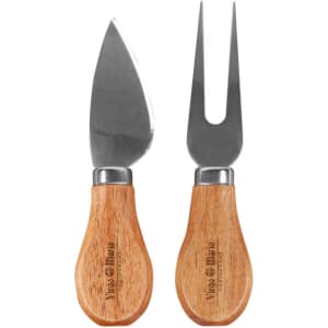 A cheese knife and a cheese fork with wooden handles and stainless steel blades. Suitable for cheese serving.