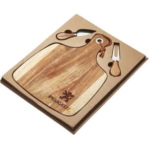 Acacia cheeseboard with knife set, featuring natural wood tones and a branding logo. Compact packaging included.