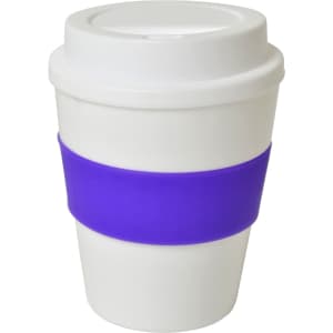 A drink bottle in white with a purple silicone band and a matching lid. Features a logo.