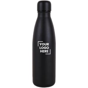 A drink bottle in sleek black with a classic design and an area for a logo.