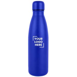 A drink bottle in blue with a sleek design and a logo on the front.