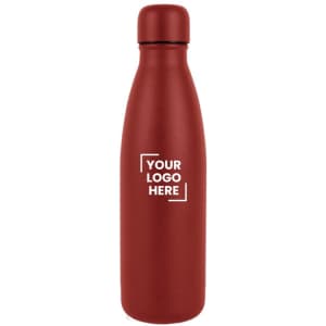 A drink bottle in a matte red finish, featuring a simple logo on the front.