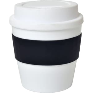 A drink cup in white with a black silicone band, featuring a lid and a simple design.