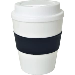 A drink bottle featuring a white design with a black rubber grip. It includes a lid.