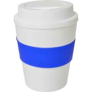 A drink bottle in white with a blue silicone sleeve, featuring a lid and a branded design.