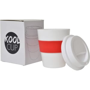 A drink bottle with a white body, red silicone band, and a lid, alongside its box featuring a logo.