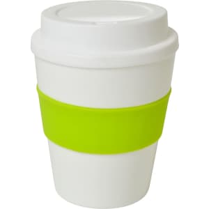 A drink bottle with a white body and a bright green silicone band, featuring a lid. It has a logo.