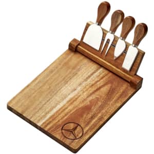 A wooden cheeseboard set featuring four stainless steel knives with wooden handles and a logo.