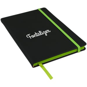 A black A5 journal with a green elastic band and a green ribbon marker. It features a branded logo on the cover.