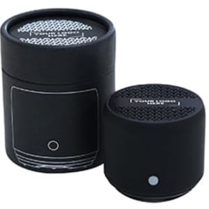 A black Bluetooth speaker set featuring a larger and a smaller speaker, both with a textured grill and a logo.